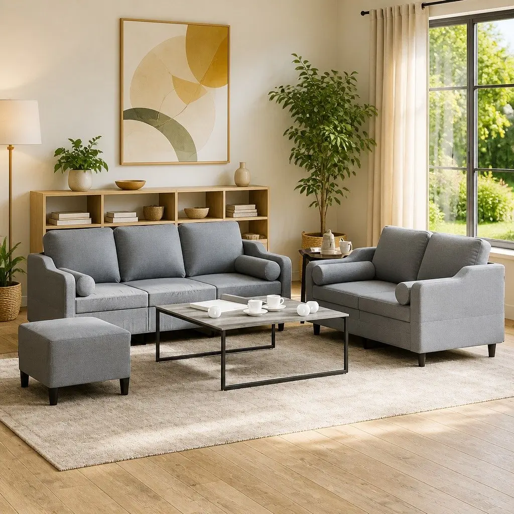 Sofa Set Fabric Grey 3 Piece Padded with Footstool and Pillows