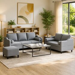 Grey Fabric 3-Piece Sofa Set with Footstool and Pillows