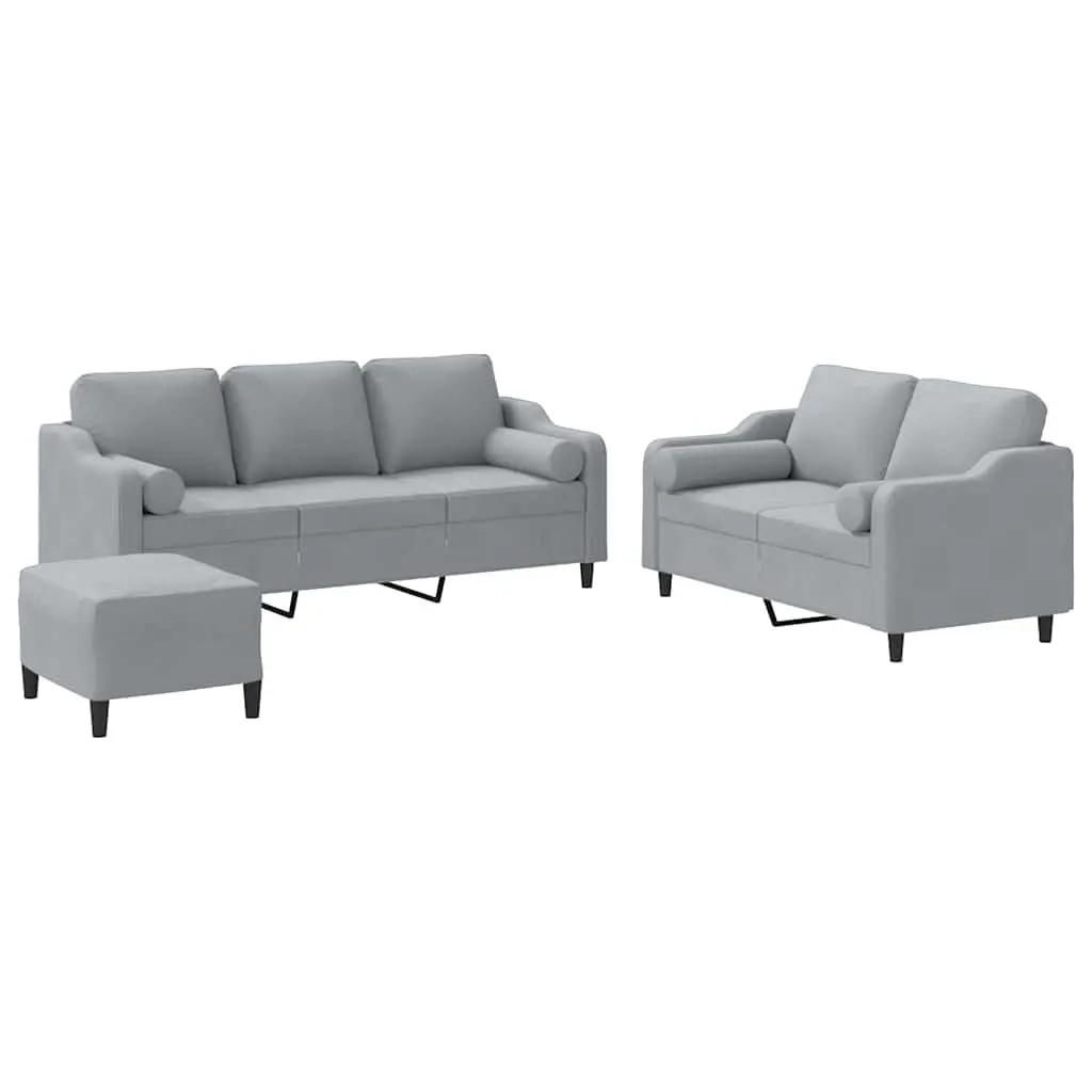 Sofa Set Fabric Grey 3 Piece Padded with Footstool and Pillows