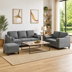 Durable 3 Piece Grey Sofa Set with Footstool and Pillows