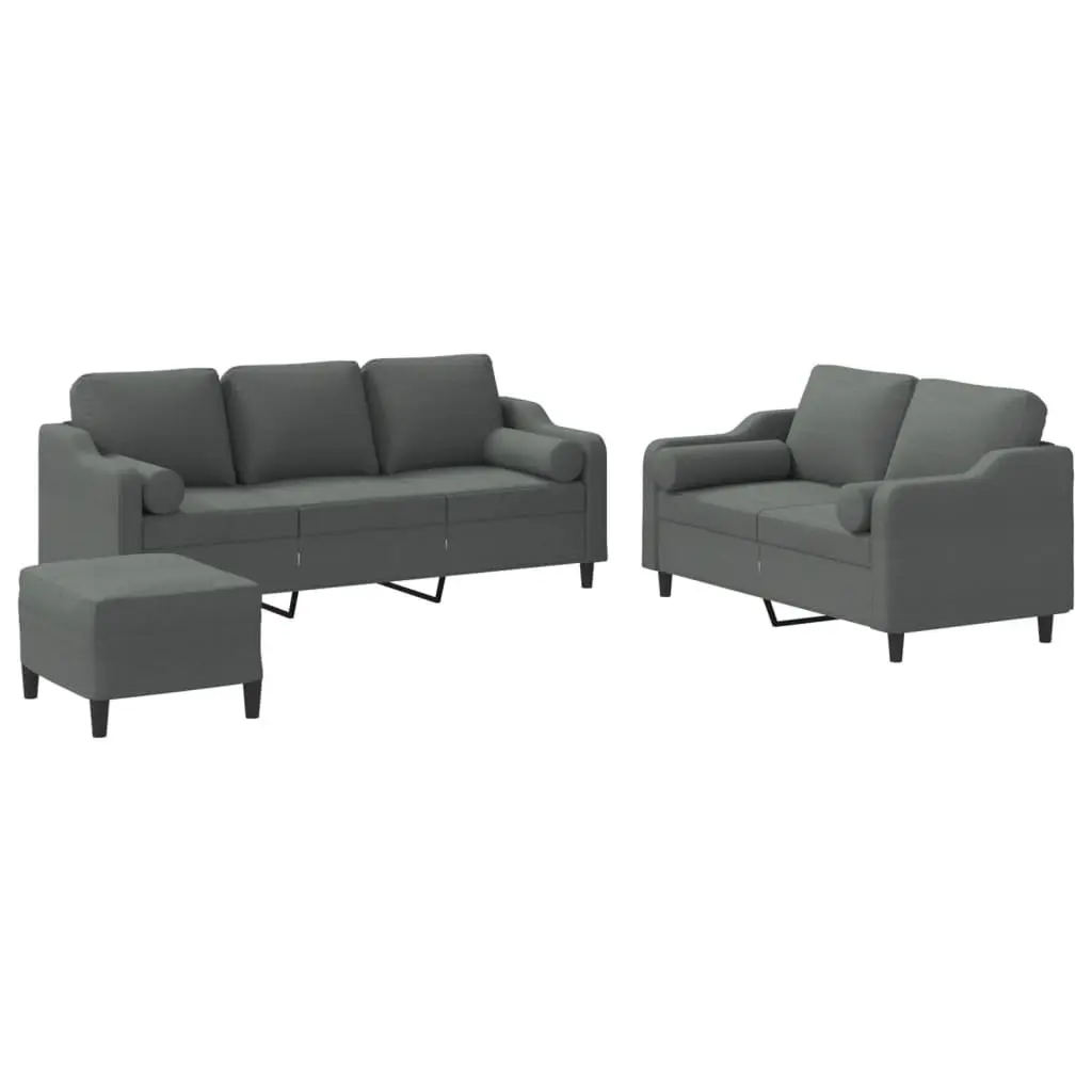 3 Piece Grey Sofa Set with Footstool and Pillows