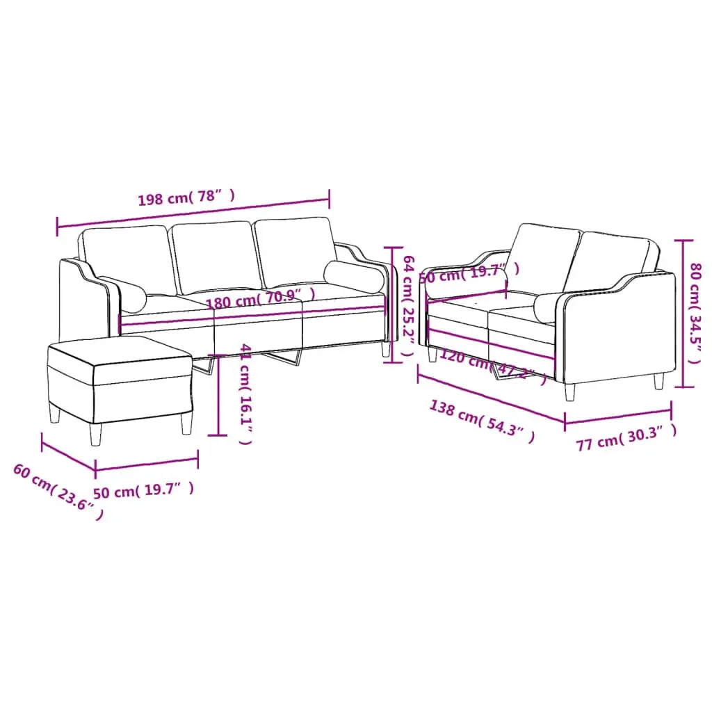 3 Piece Grey Sofa Set with Footstool and Pillows