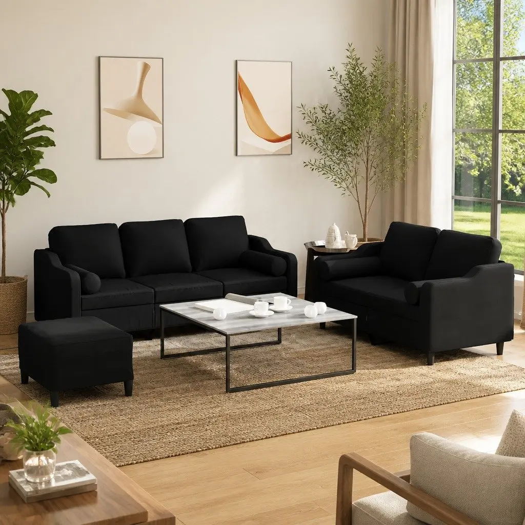 Black Fabric Sofa Set with Pillows and Footstool