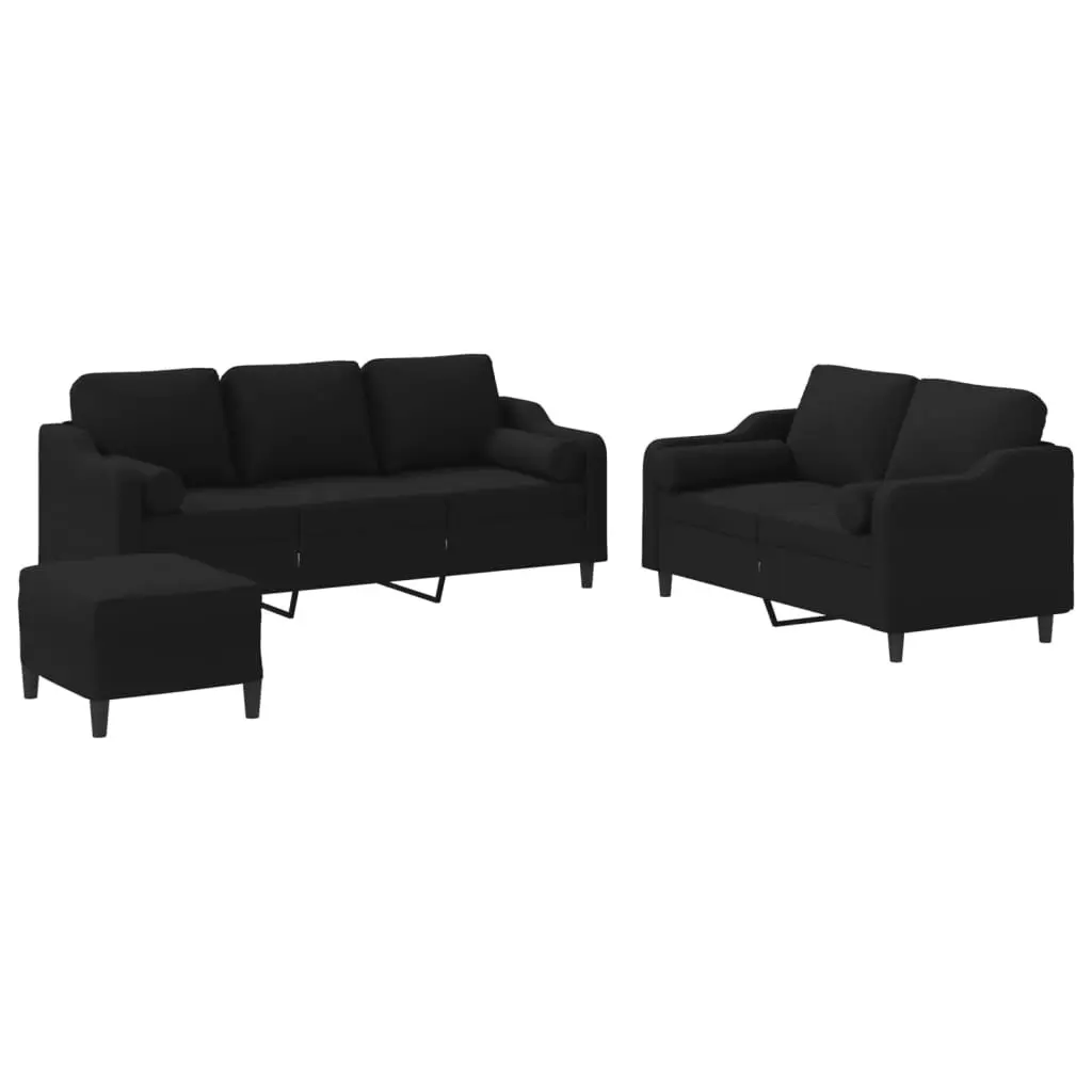 Black Fabric Sofa Set with Pillows and Footstool