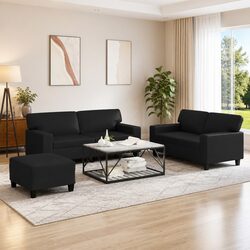 Black Faux Leather 3 Piece Sofa Set with Footstool