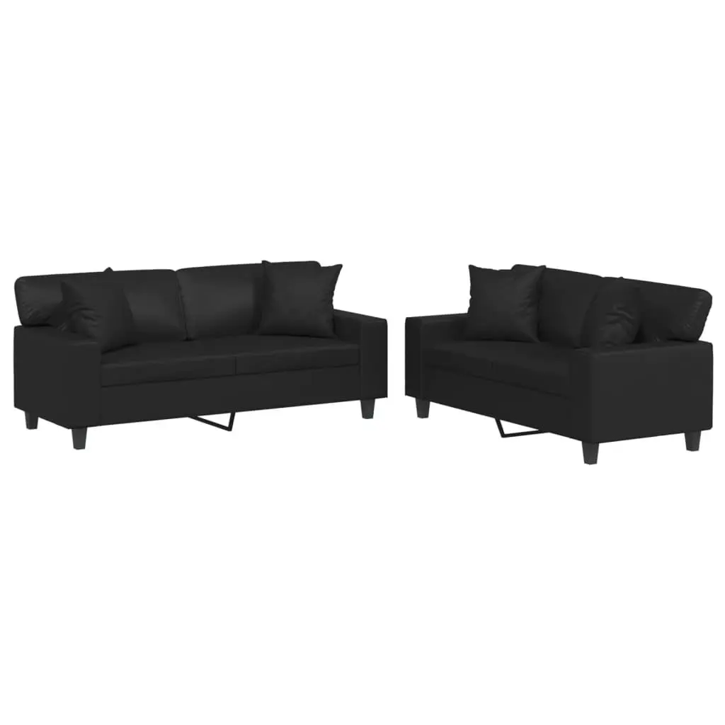 2 Piece Black Sofa Set with Throw Pillows Lounge Couch Seating Furniture