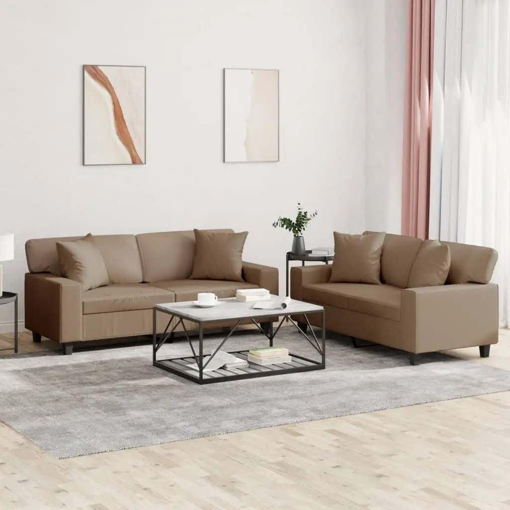 2 Piece Sofa Set with Pillows in Brown Faux Leather