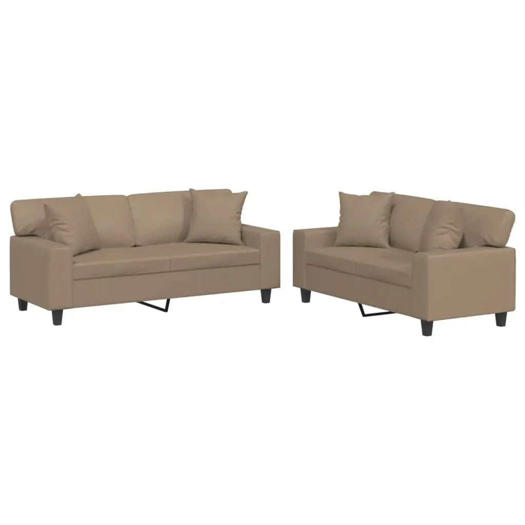 2 Piece Sofa Set with Pillows in Brown Faux Leather