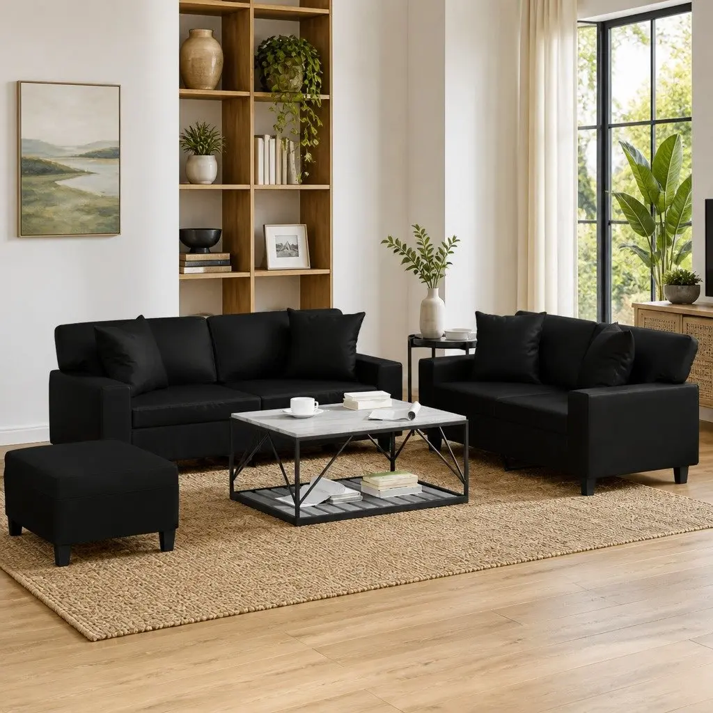 3 Piece Sofa Set Faux Leather Black