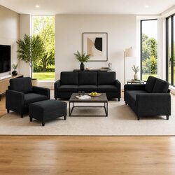 Durable Black Velvet 4 Piece Sofa Set with Footstool