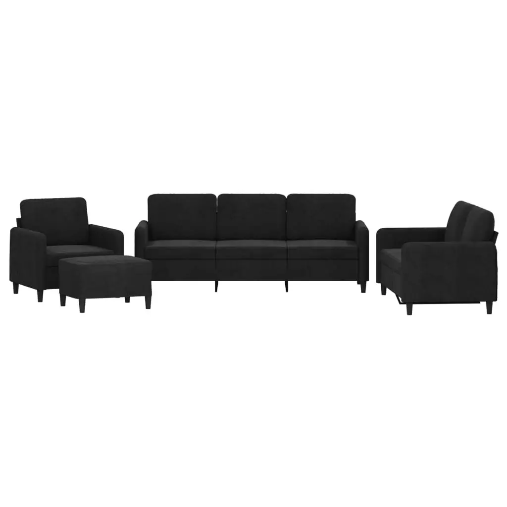 Black Velvet 4 Piece Sofa Set with Footstool