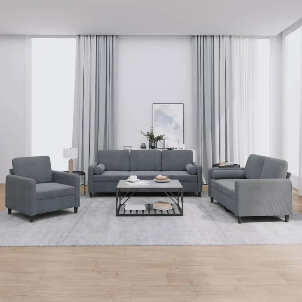 Grey Velvet 3 Piece Sofa Set with Pillows