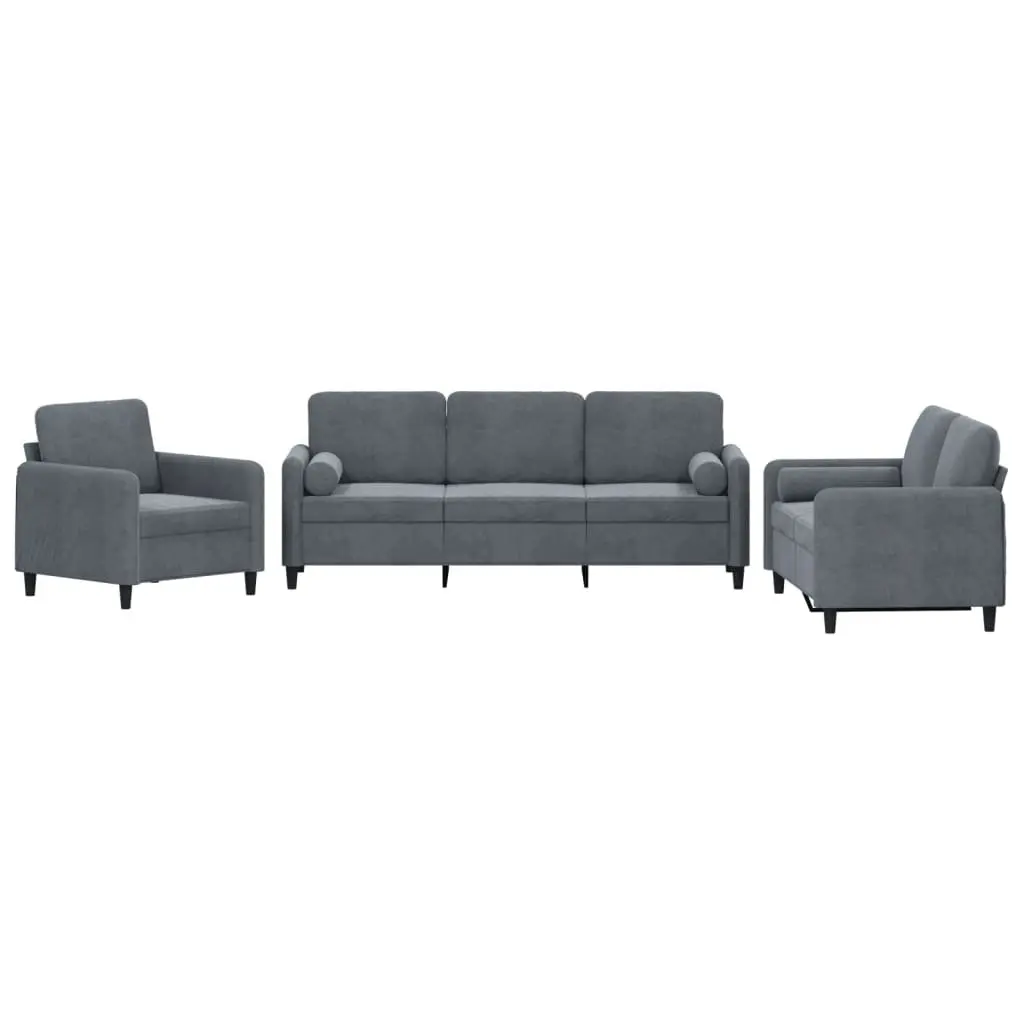 Grey Velvet 3 Piece Sofa Set with Pillows