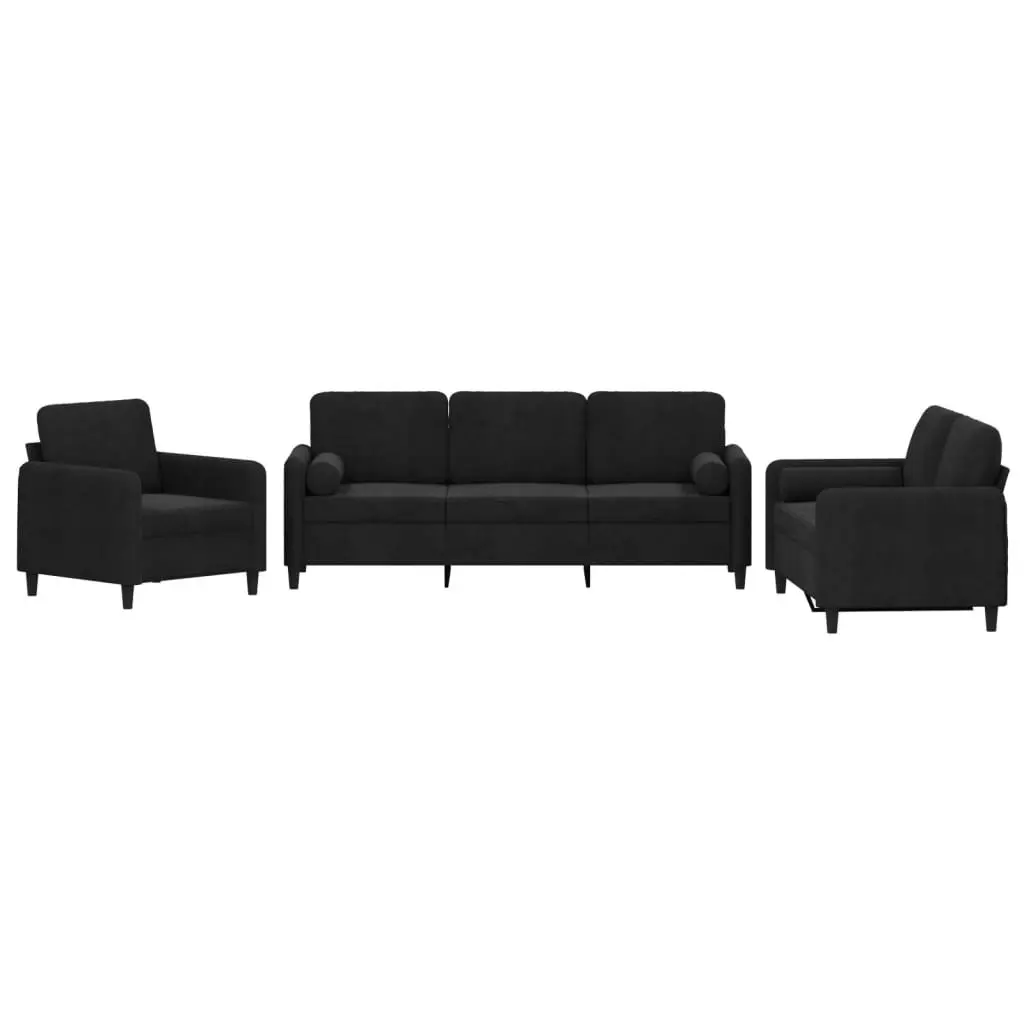 Black Velvet 3 Piece Sofa Set with Pillows