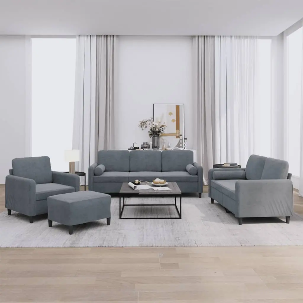 Grey Velvet Sofa Set with Pillows and Footstool