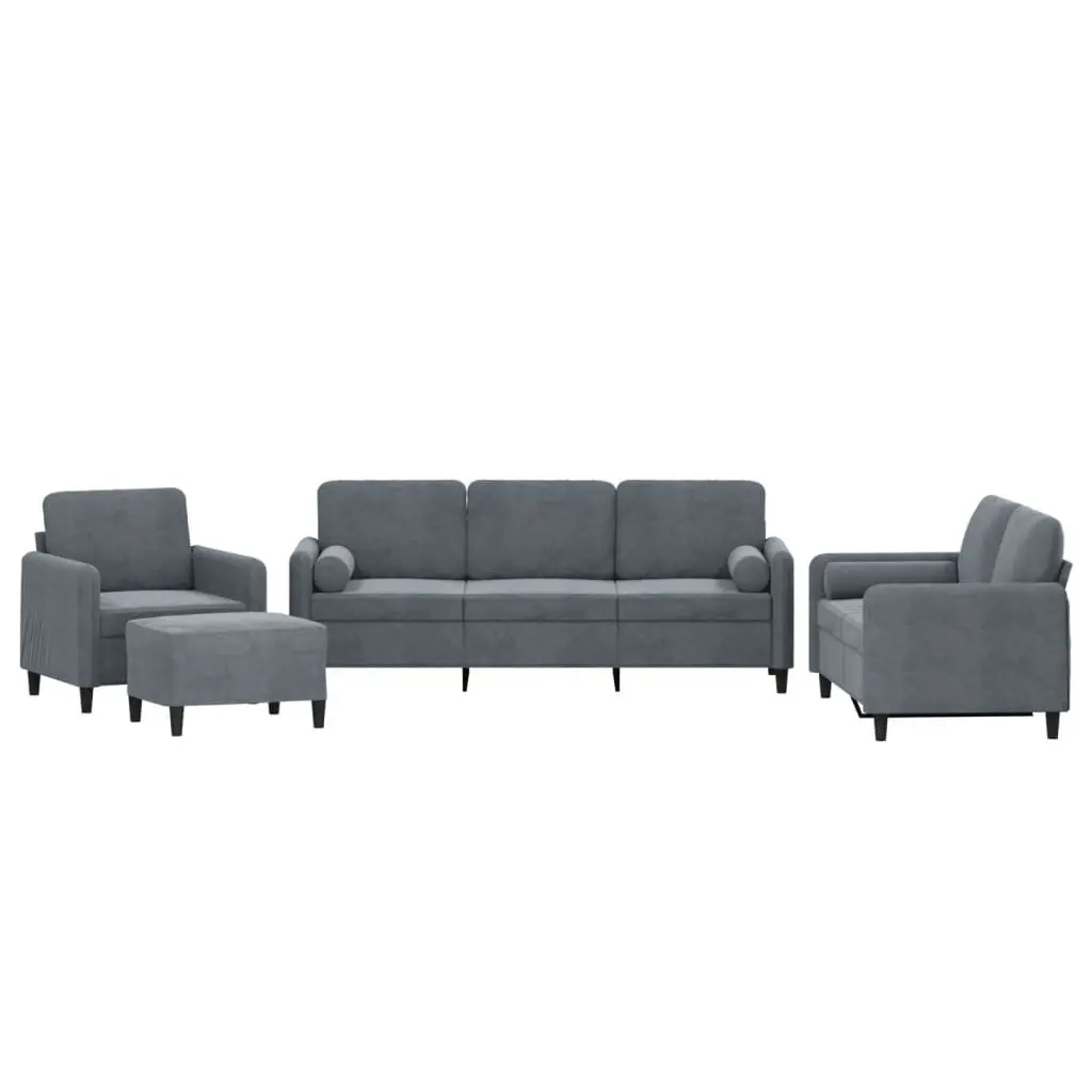 Grey Velvet Sofa Set with Pillows and Footstool