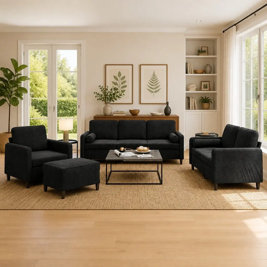 4-Piece Black Velvet Sofa Set with Pillows