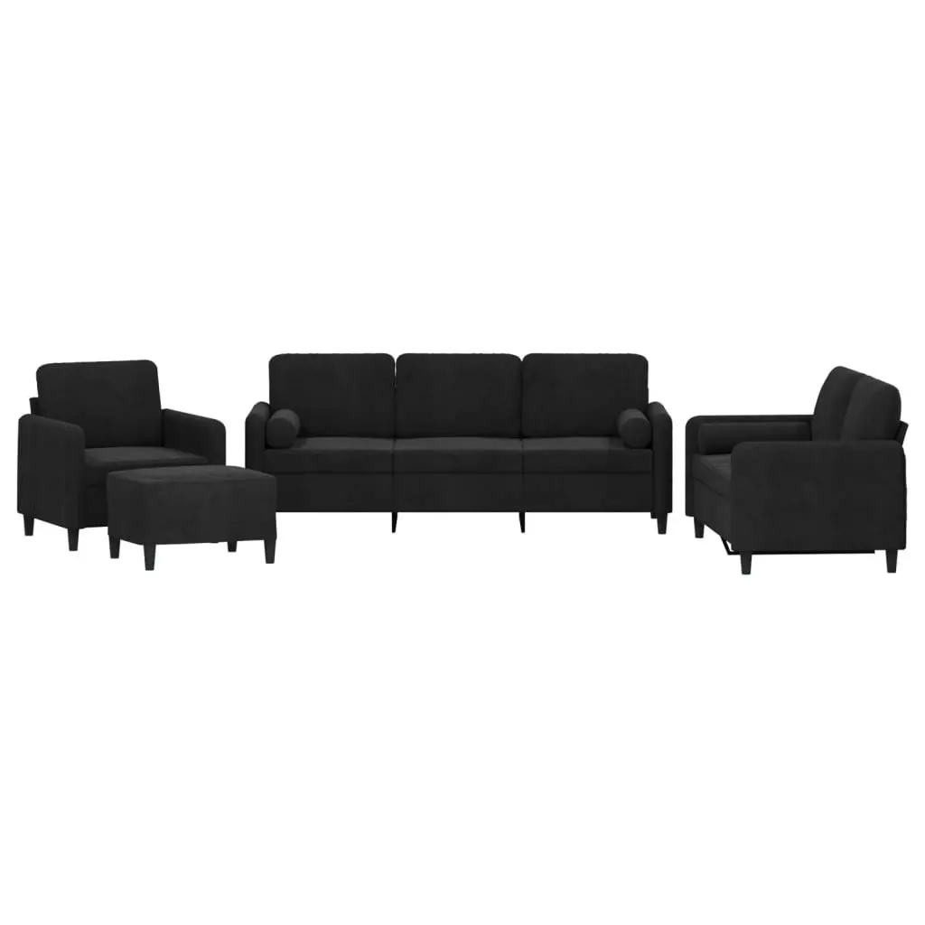 4-Piece Black Velvet Sofa Set with Pillows