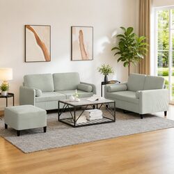 Stylish Grey Velvet 3 Piece Sofa Set with Pillows and Footstool