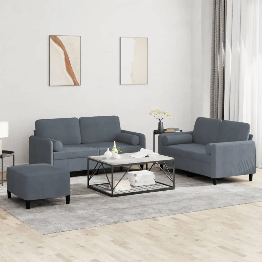 Sofa Set Velvet Grey 3 Piece with Pillows Footstool