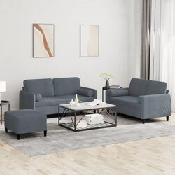 Stylish Grey Velvet 3 Piece Sofa Set with Footstool