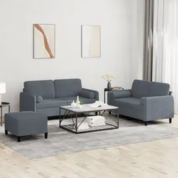 Stylish Grey Velvet 3 Piece Sofa Set with Footstool