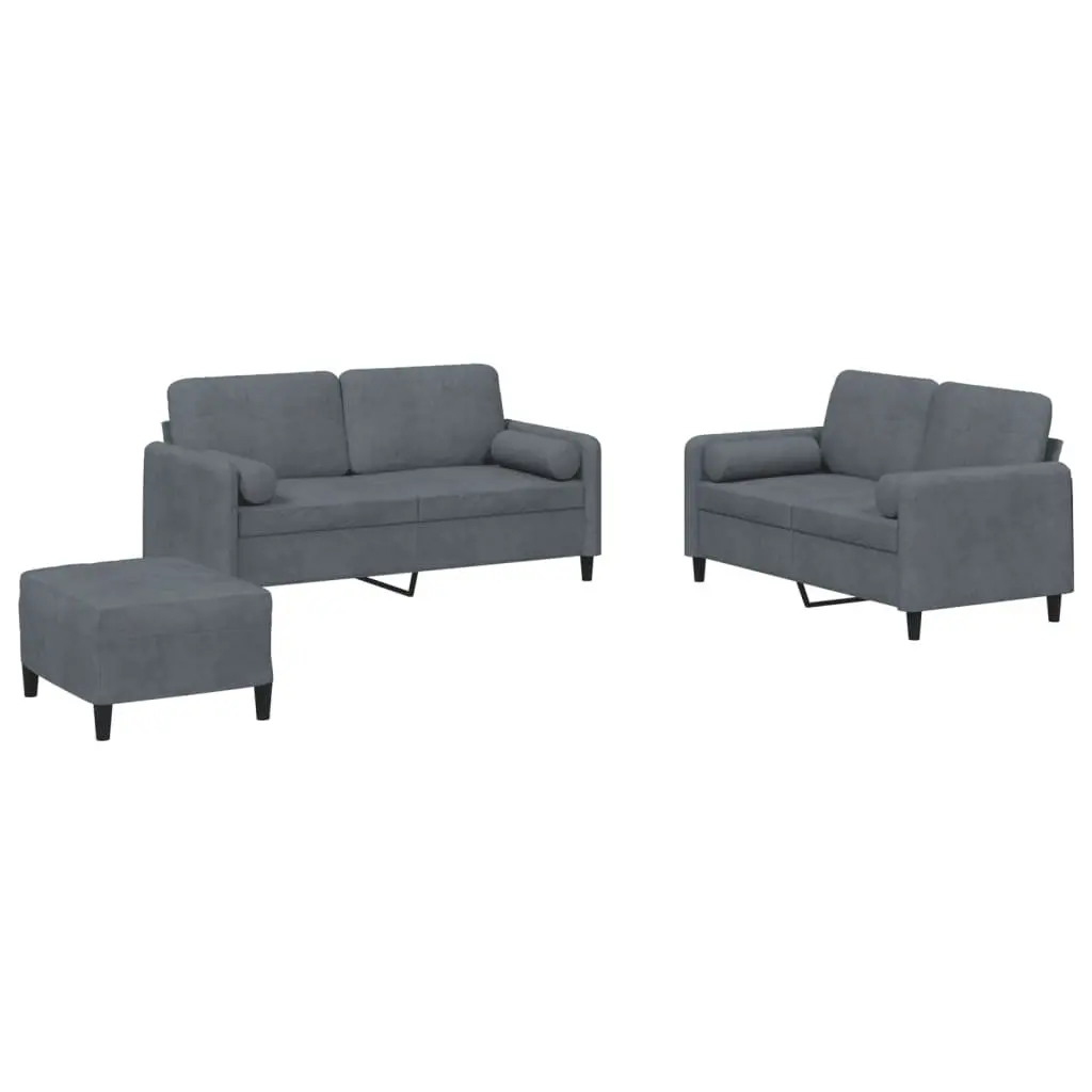 Sofa Set Velvet Grey 3 Piece with Pillows Footstool