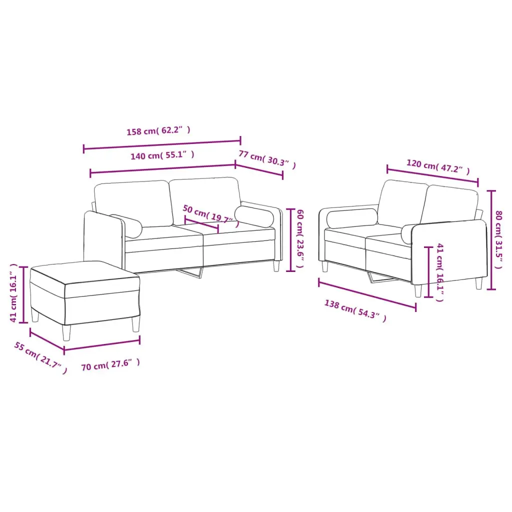 Sofa Set Velvet Grey 3 Piece with Pillows Footstool