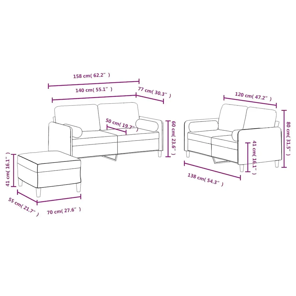 Sofa Set Velvet Black 3 Piece with Pillows Footstool