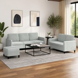 Premium 3 Piece Grey Velvet Sofa Set with Footstool