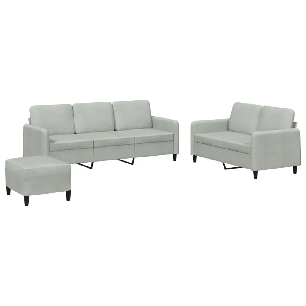 3 Piece Sofa Set Velvet Grey Living Room Furniture Couch with Footstool