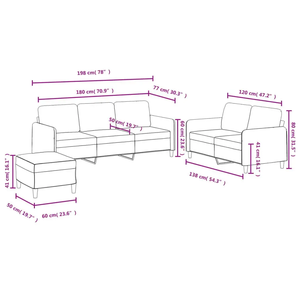 3 Piece Sofa Set Velvet Grey Living Room Furniture Couch with Footstool