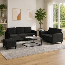 Stylish Black Velvet 3-Piece Sofa Set with Footstool