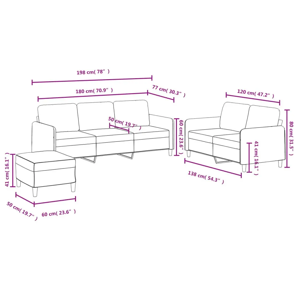 Black Velvet 3-Piece Sofa Set with Footstool