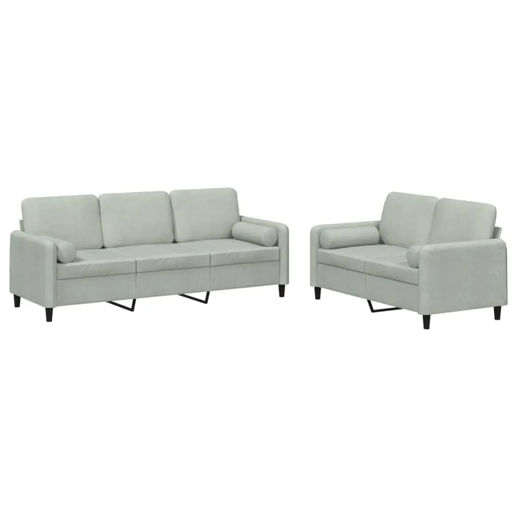 Light Grey Velvet 2 Piece Sofa Set with Roll Pillows