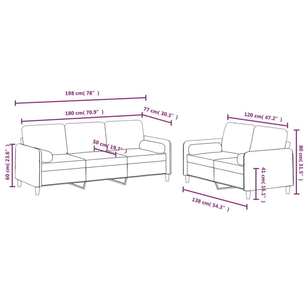 Light Grey Velvet 2 Piece Sofa Set with Roll Pillows