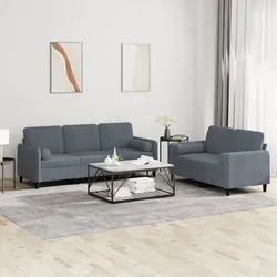Stylish Grey Velvet 2 Piece Sofa Set with Pillows
