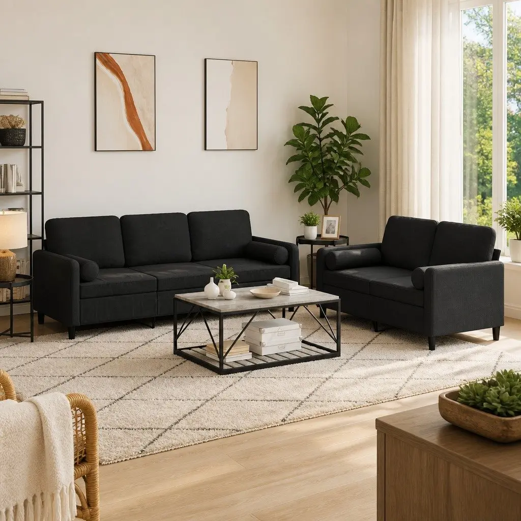 Black Velvet 2 Piece Sofa Set with Cushions
