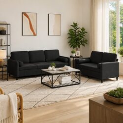Black Velvet 2 Piece Sofa Set with Cushions