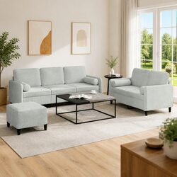 Quality 3 Piece Grey Velvet Sofa Set with Footstool