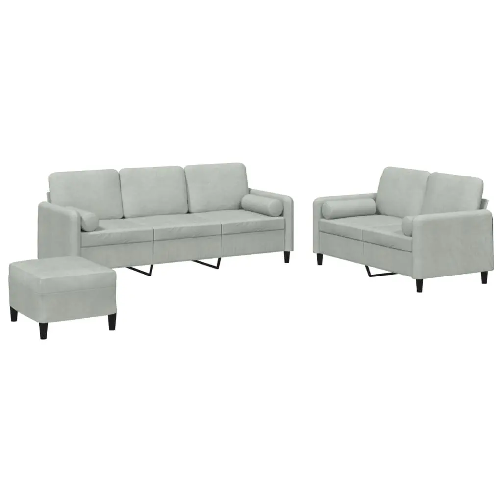 3 Piece Grey Velvet Sofa Set with Footstool