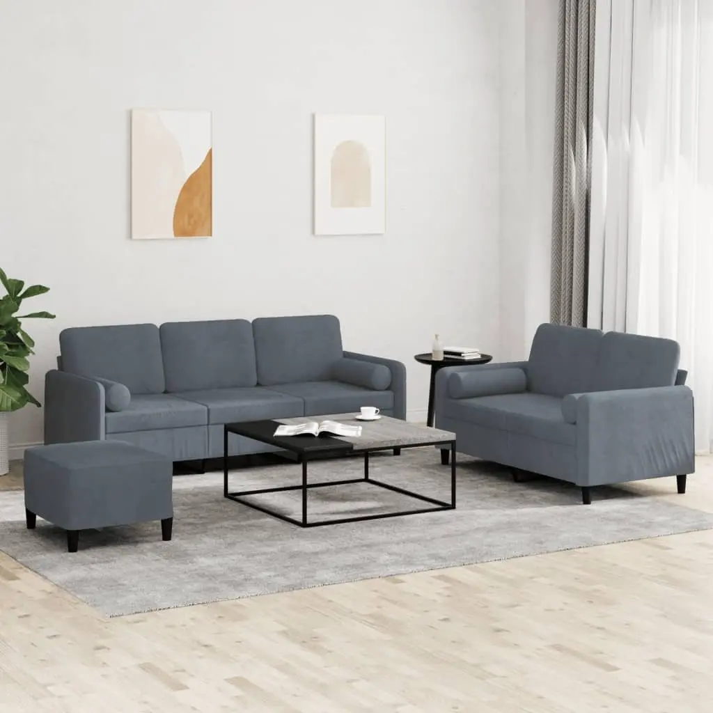 3 Piece Sofa Set Velvet Grey Couch with Pillows Footstool