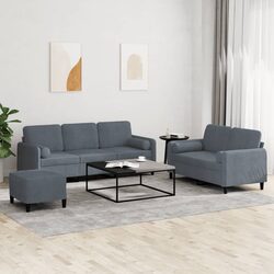 Stylish 3 Piece Grey Velvet Sofa Set with Pillows