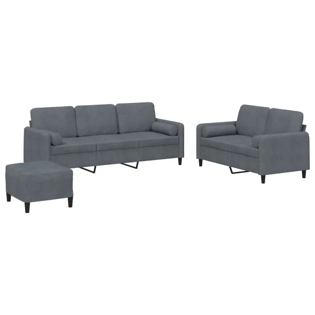 3 Piece Sofa Set Velvet Grey Couch with Pillows Footstool