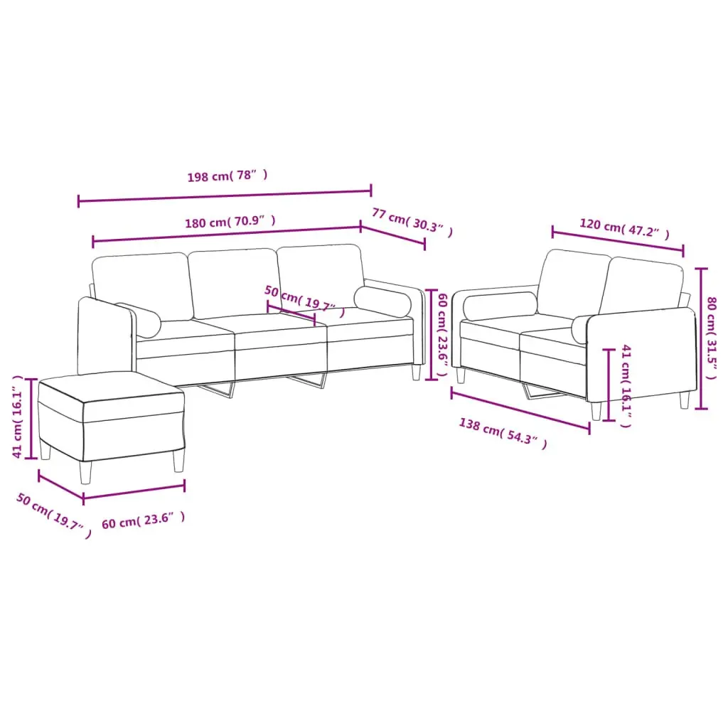 3 Piece Sofa Set Velvet Grey Couch with Pillows Footstool