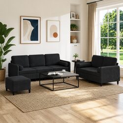 Durable 3 Piece Black Velvet Sofa Set with Cushions
