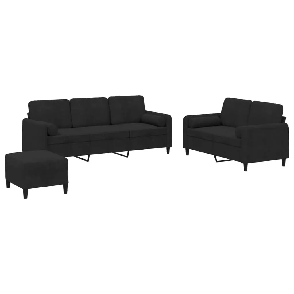 3 Piece Black Velvet Sofa Set with Cushions