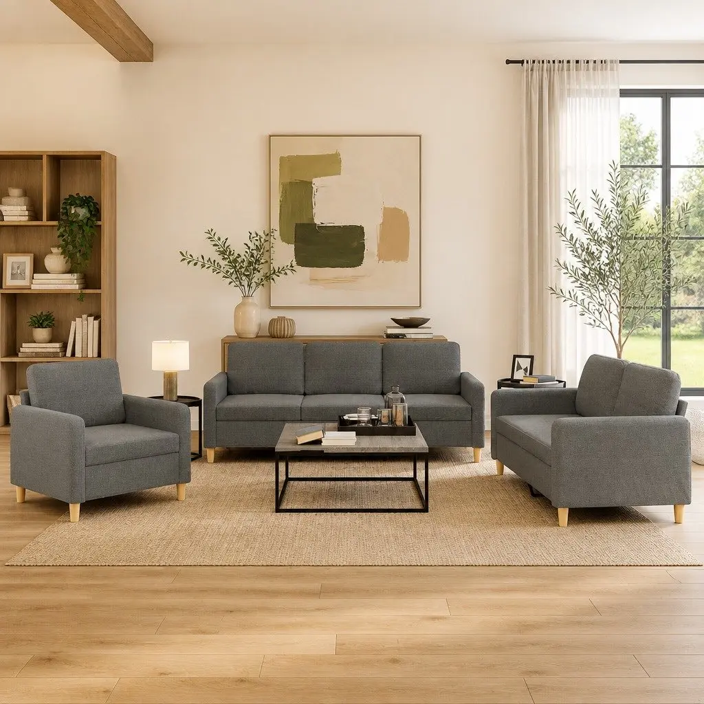 3 Piece Sofa Set in Grey Fabric for Comfort