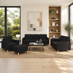 Durable 4 Piece Black Fabric Sofa Set with Footstool