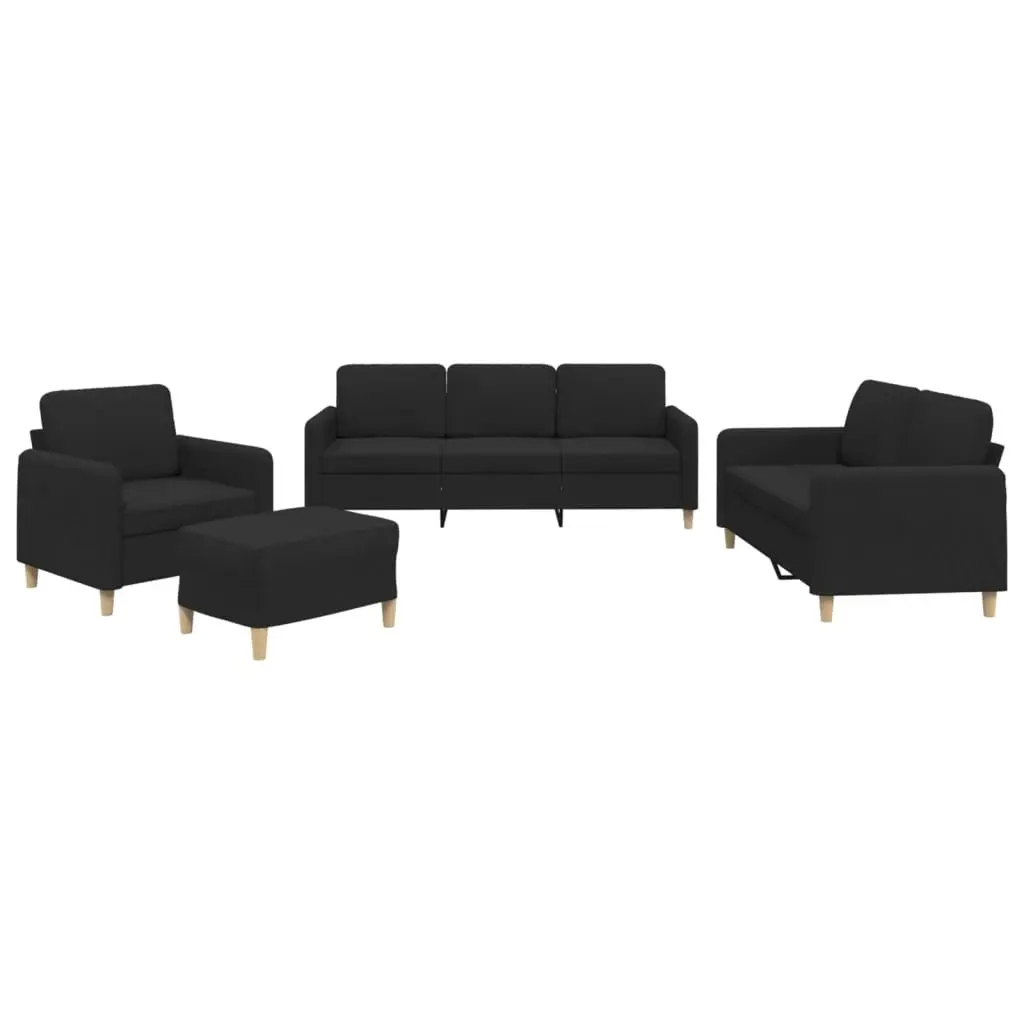 4 Piece Black Fabric Sofa Set with Footstool